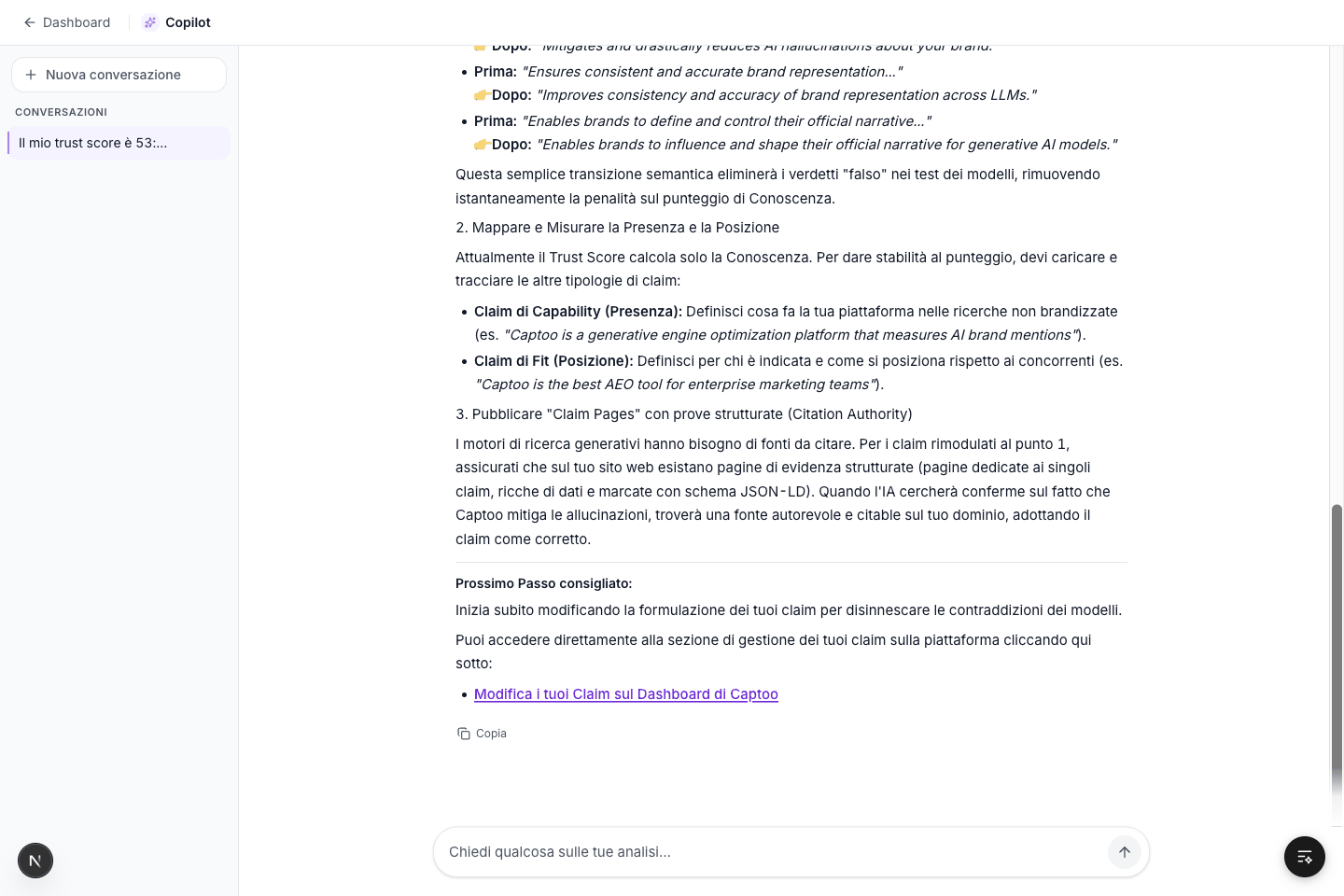 Risposta del Copilot su come migliorare il Trust Score